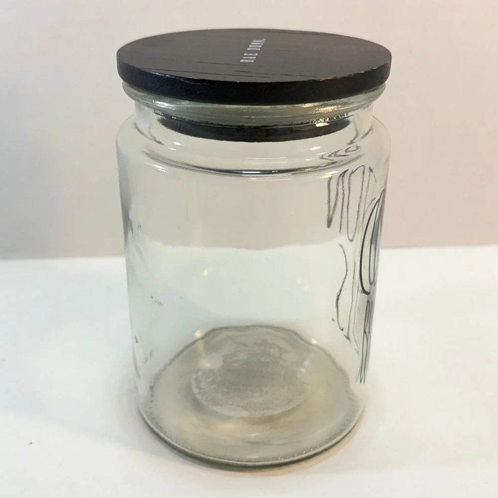 Rae Dunn‎ Cotton Balls Jar Bathroom Organizer Clear Glass Wood Lid Minimalist